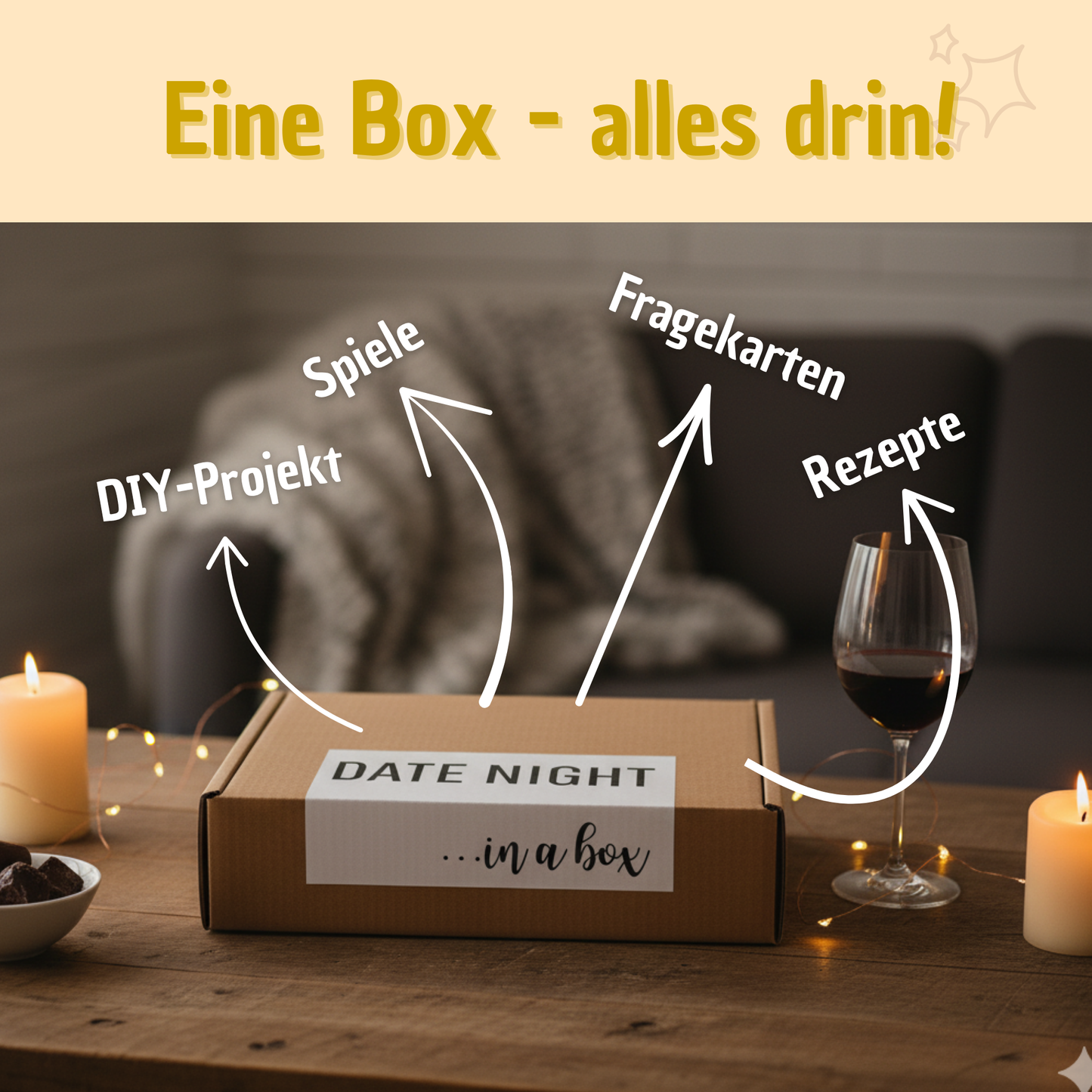Inhalt der Date Box: Spiele, DIY-Projekt, Rezepte, Fragekarten