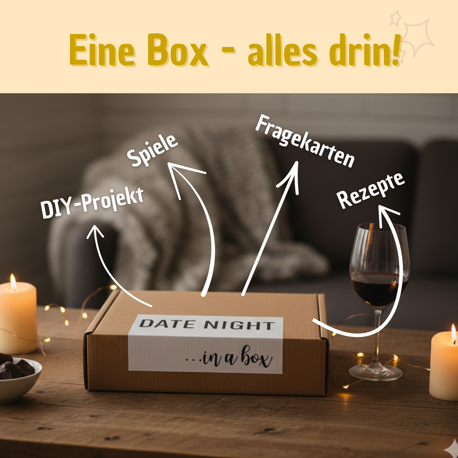 Inhalt der Date Box: Spiele, DIY-Projekt, Rezepte, Fragekarten